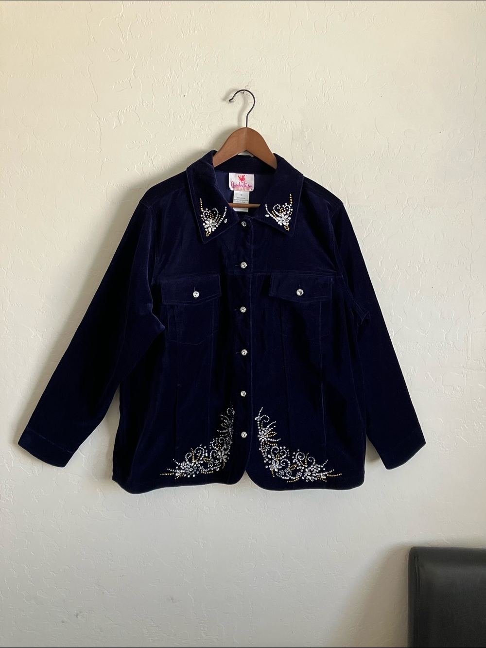 Quacker Factory Jacket Blue Velour Embellished Bling Long Sleeve NEW Womens 1X